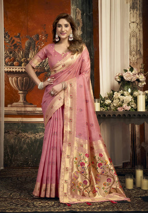 Pink Paithani-Style Silk Blend Saree with Meenakari Buti