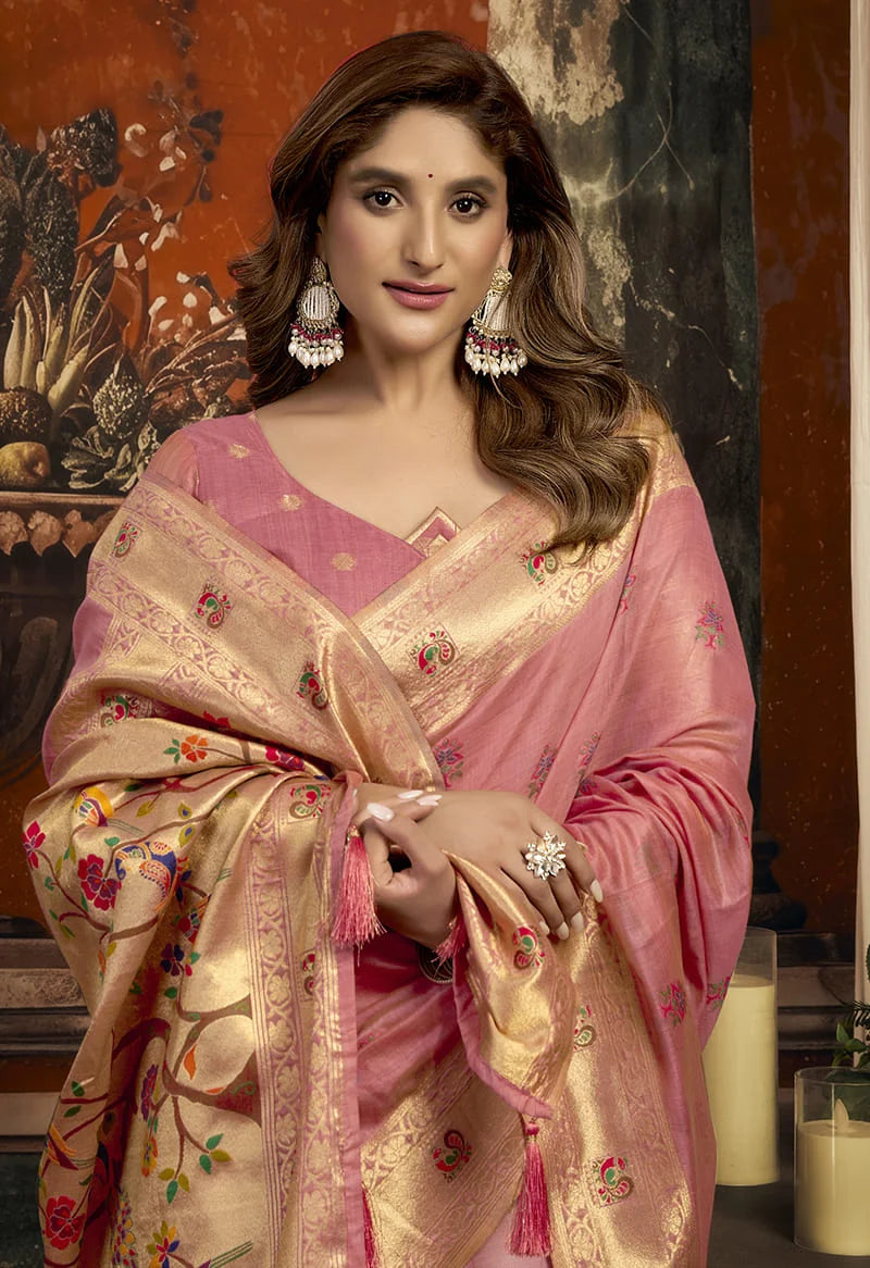 Pink Paithani-Style Silk Blend Saree with Meenakari Buti, blouse and pallu close-up