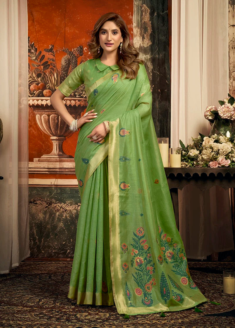 Green Cotton Blend Saree with Meenakari Paisley Buti, front