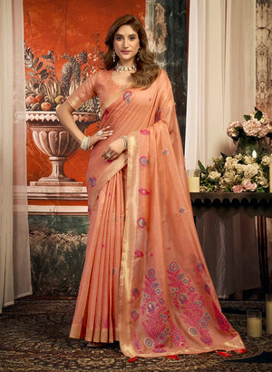 Peach Cotton Blend Saree with Meenakari Paisley Buti