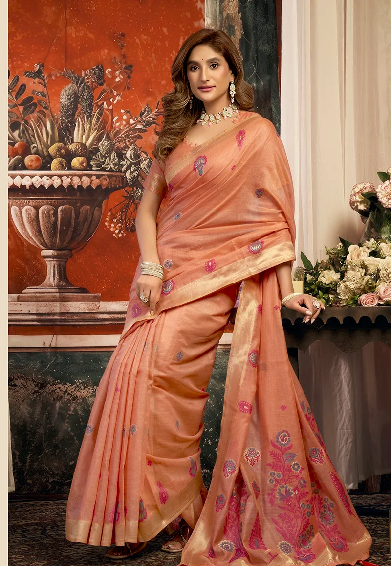 Peach Cotton Blend Saree with Meenakari Paisley Buti, blouse and pallu close-up