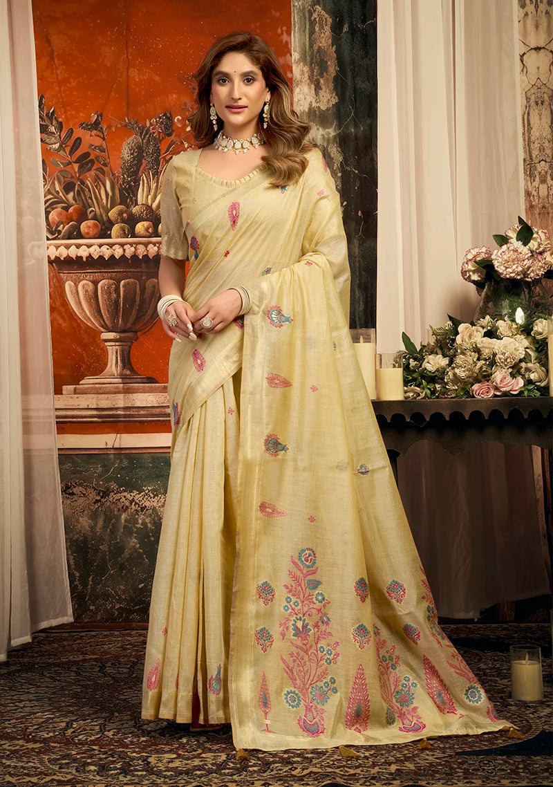 Beige Cotton Blend Saree with Meenakari Paisley Buti, front
