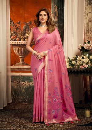 Pink Cotton Blend Saree with Meenakari Paisley Buti