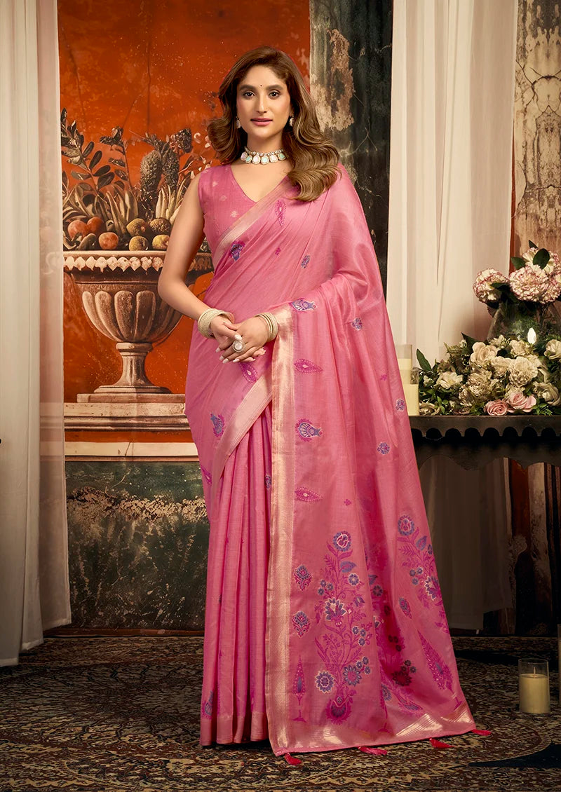 Pink Cotton Blend Saree with Meenakari Paisley Buti, front