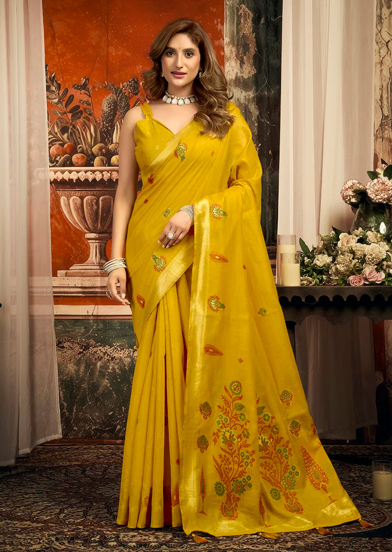 Mustard Cotton Blend Saree with Meenakari Paisley Buti, front