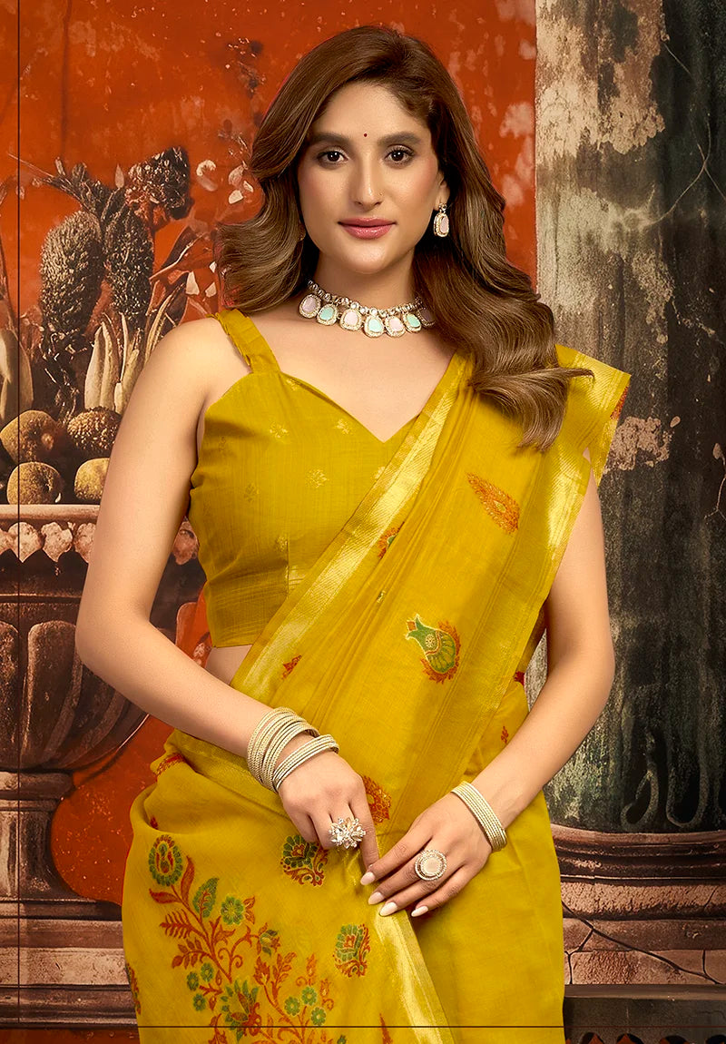 Mustard Cotton Blend Saree with Meenakari Paisley Buti, blouse and pallu close-up
