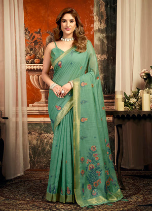 Teal Cotton Blend Saree with Meenakari Paisley Buti