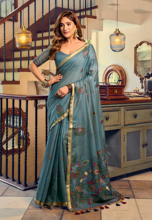 Aqua Blue Cotton Blend Saree with Bird Motif Pallu