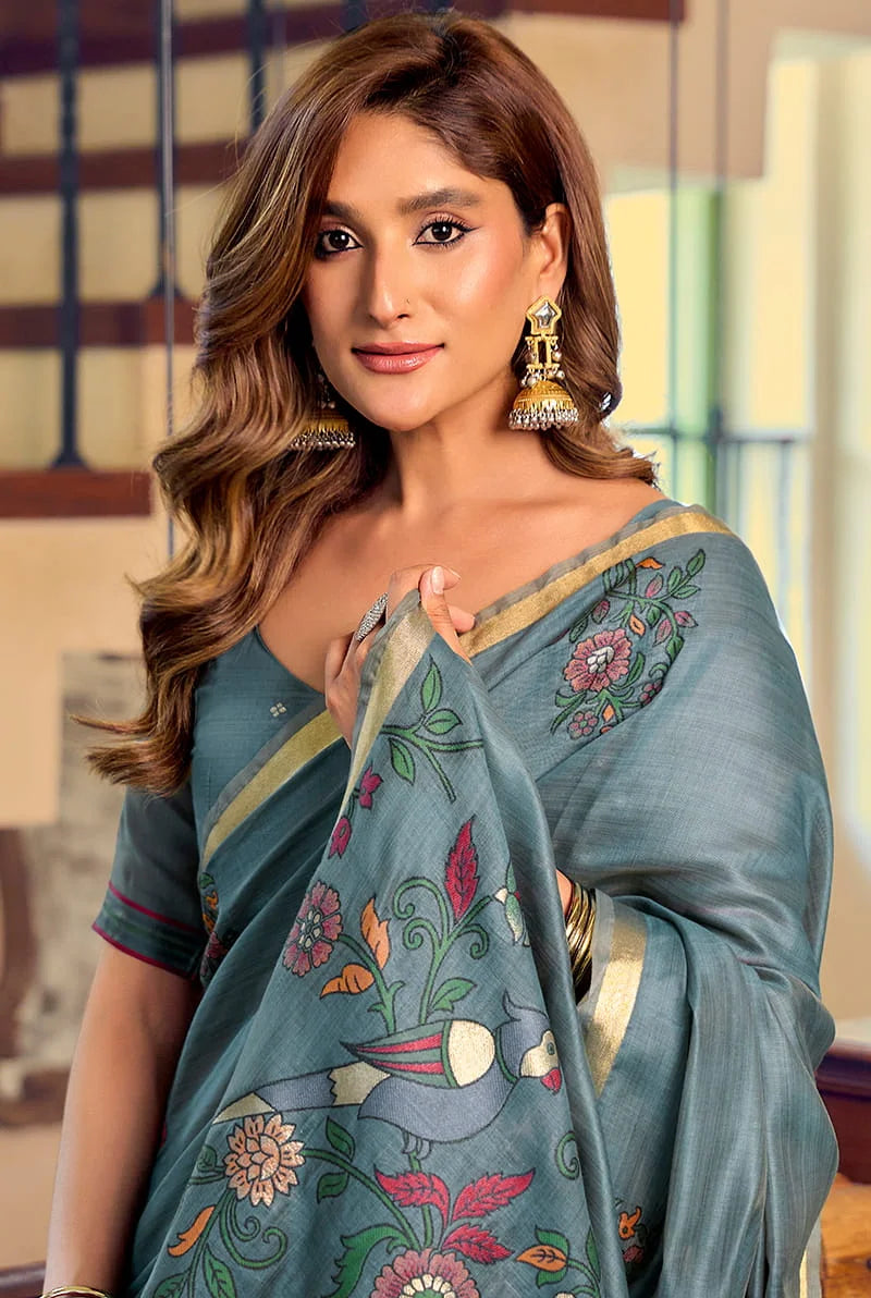 Aqua Blue Cotton Blend Saree with Bird Motif Pallu, blouse and pallu close-up