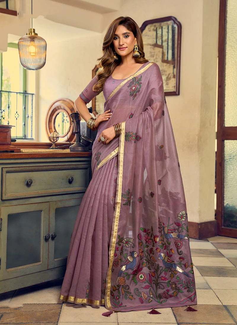 Mauve Cotton Blend Saree with Bird Motif Pallu, front