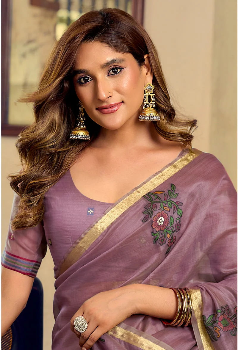 Mauve Cotton Blend Saree with Bird Motif Pallu, blouse and pallu close-up