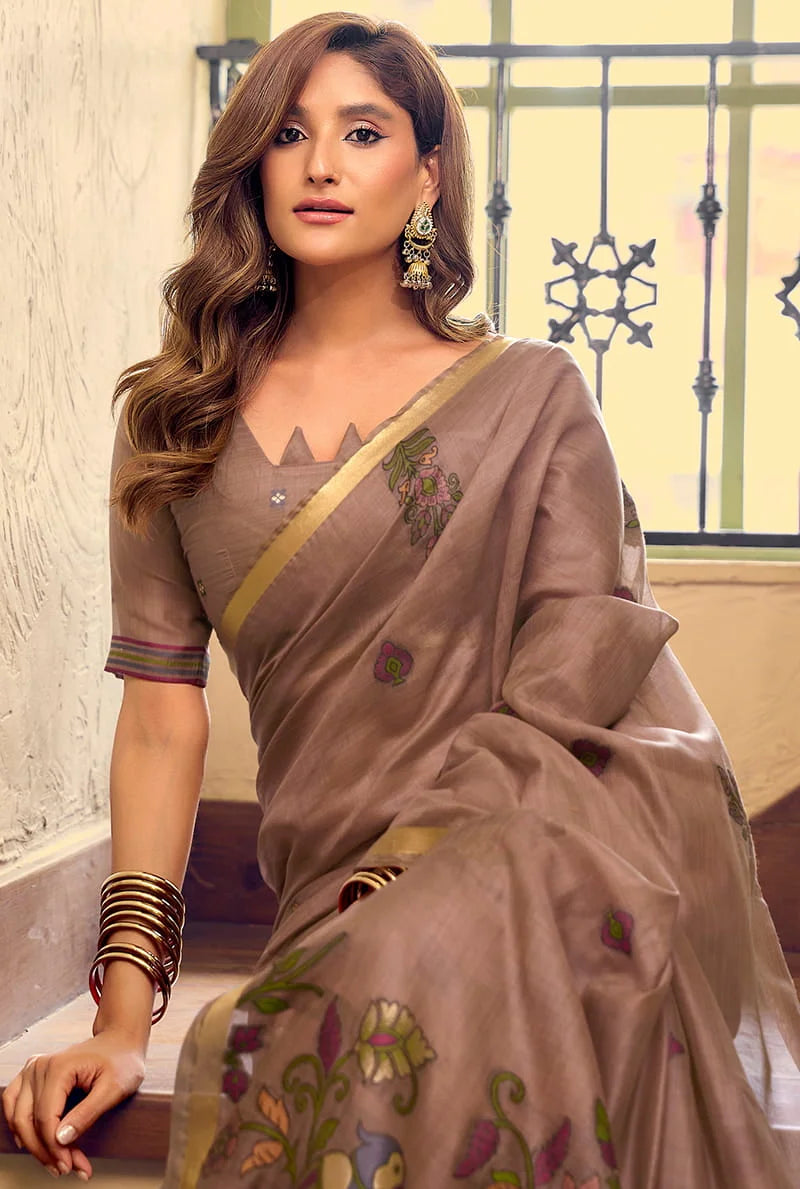 Brown Cotton Blend Saree with Bird Motif Pallu, blouse and pallu close-up