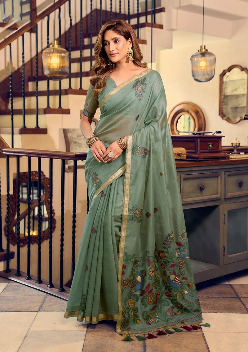 Olive Cotton Blend Saree with Bird Motif Pallu, front