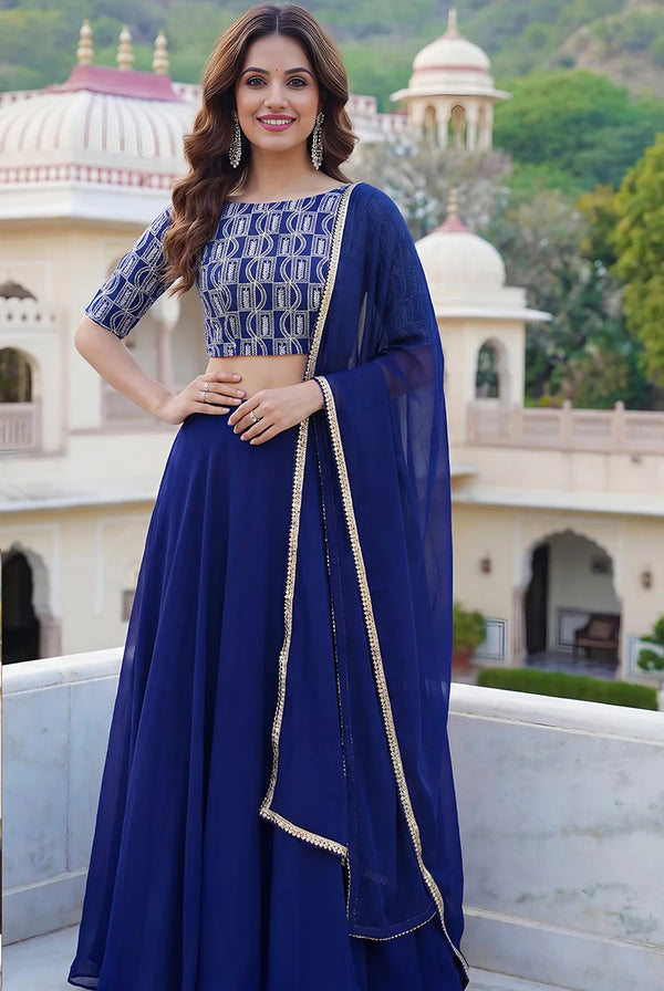 Royal Blue Georgette Embroidered Lehenga Choli, front