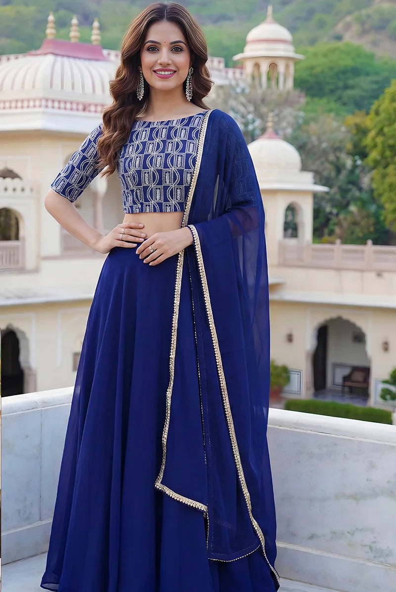 Royal Blue Georgette Embroidered Lehenga Choli, front