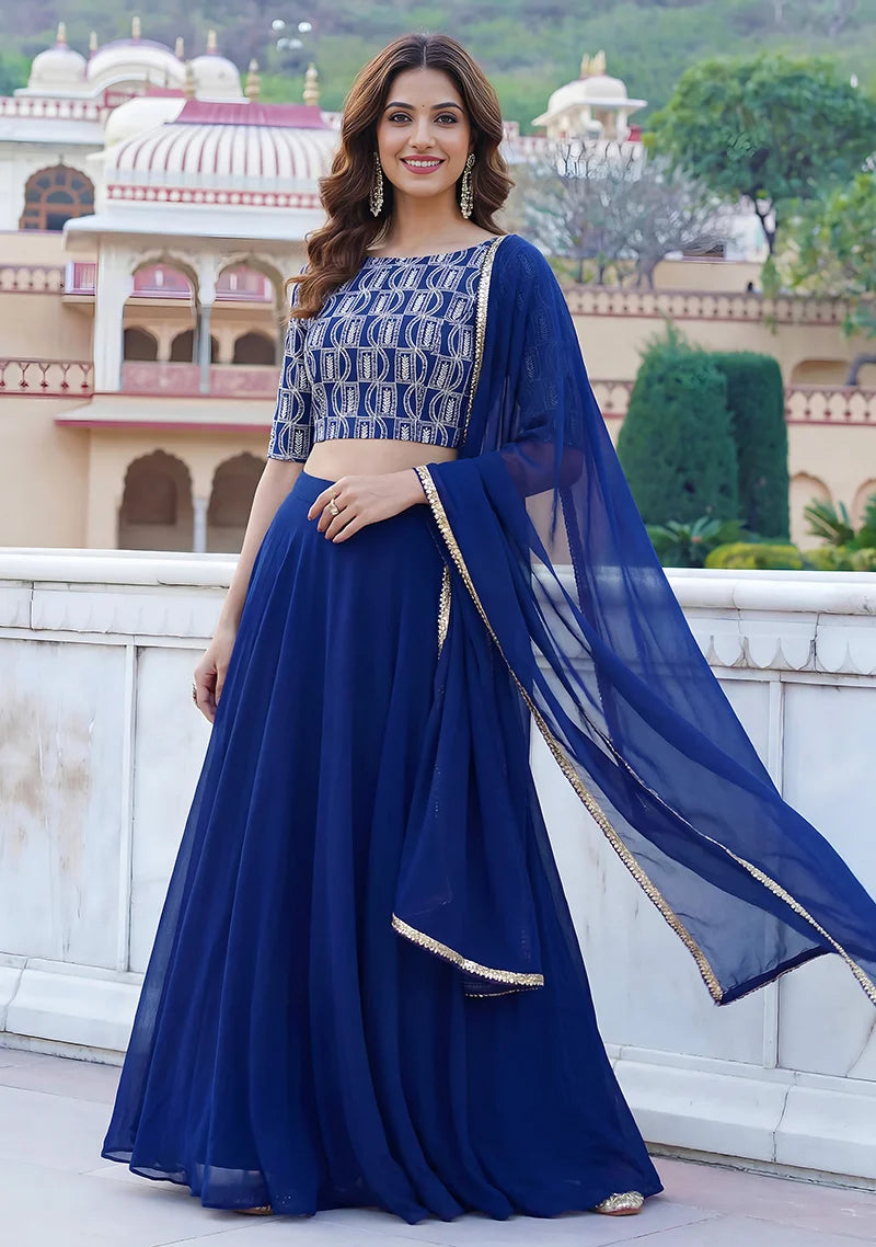Royal Blue Georgette Embroidered Lehenga Choli, styled on model