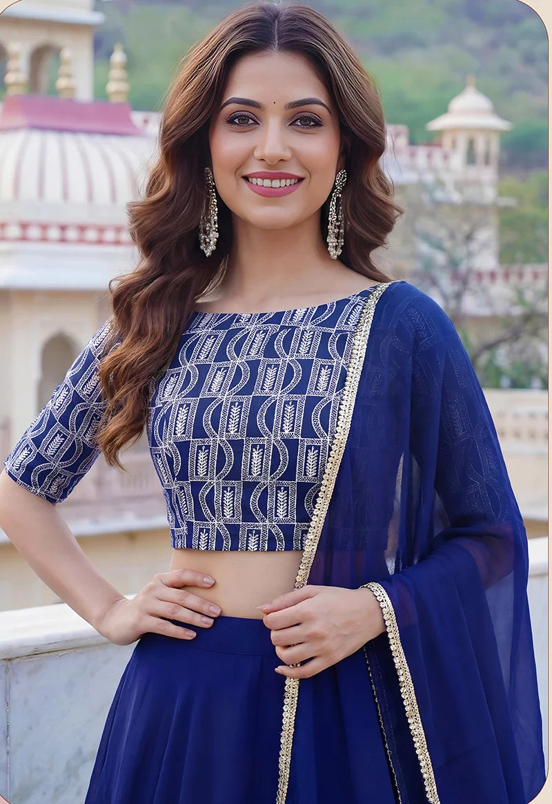 Royal Blue Georgette Embroidered Lehenga Choli, choli close-up
