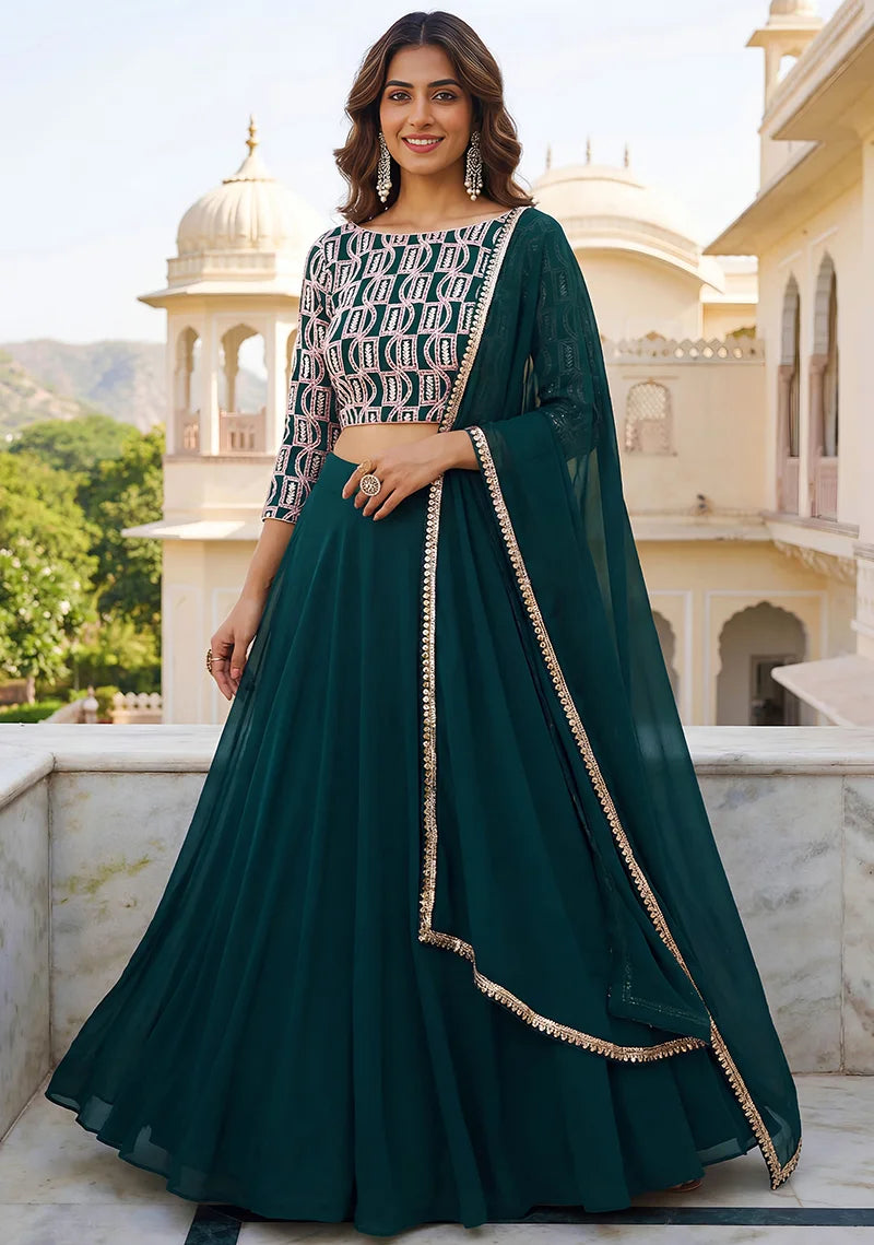 Dark Green Georgette Embroidered Lehenga Choli, front