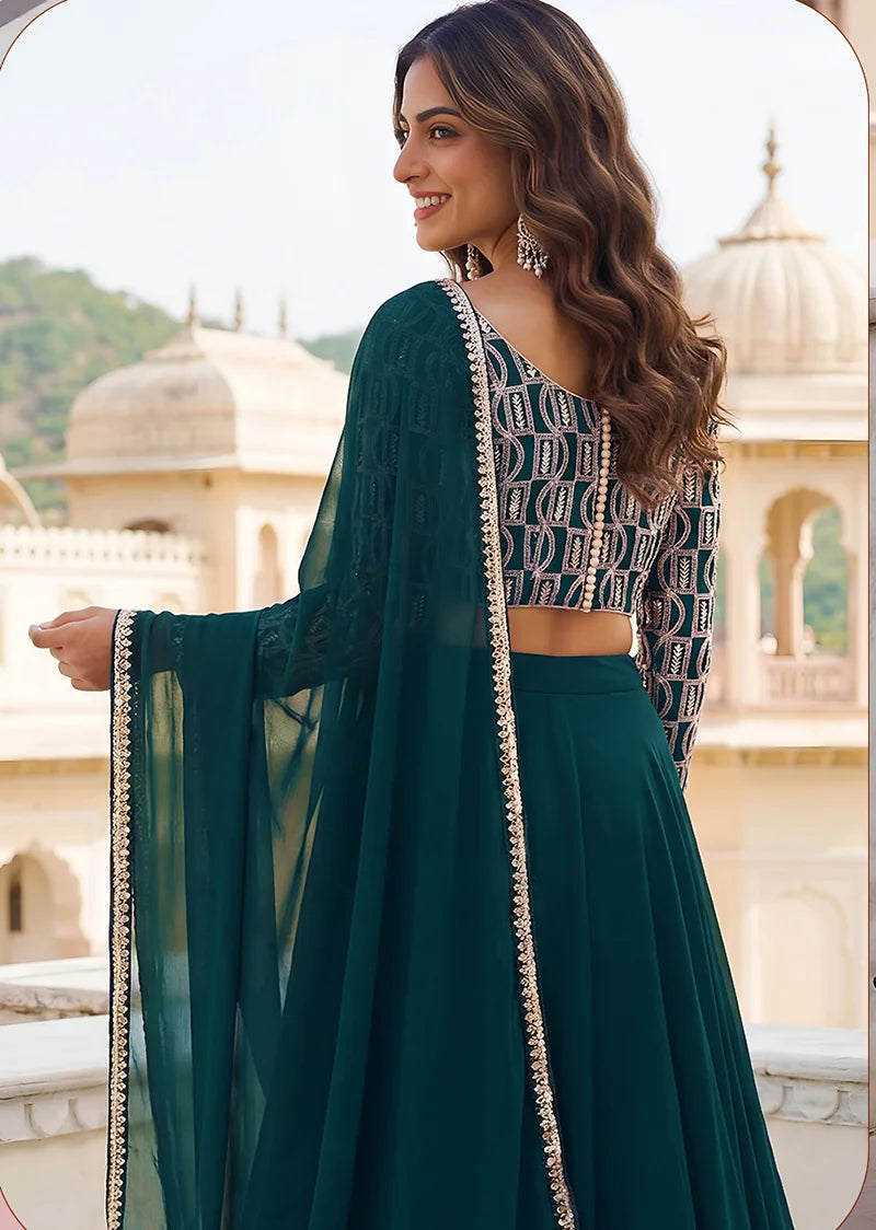 Dark Green Georgette Embroidered Lehenga Choli, back