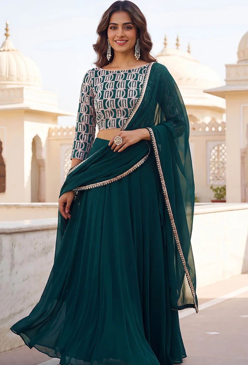 Dark Green Georgette Embroidered Lehenga Choli, side