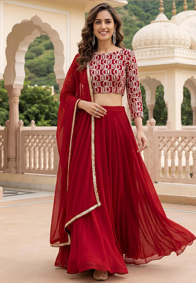 Red Georgette Embroidered Lehenga Choli, front
