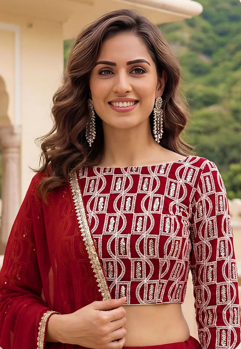 Red Georgette Embroidered Lehenga Choli, choli close-up
