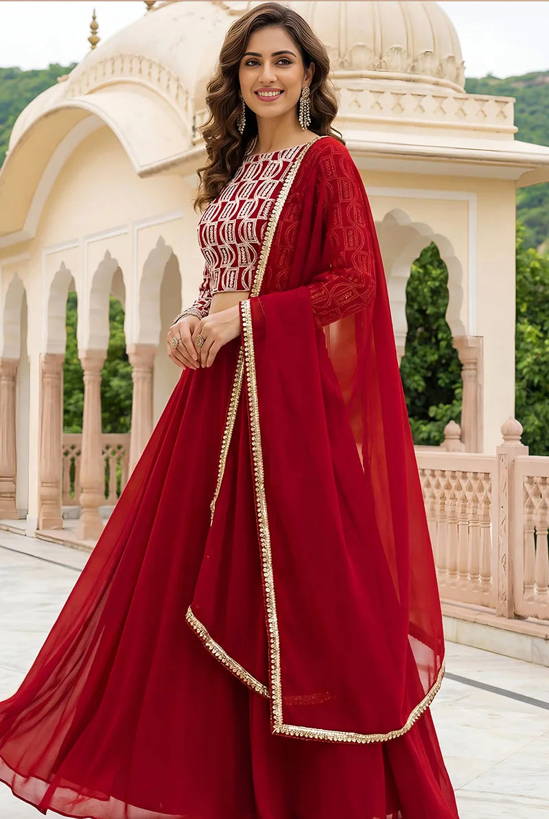 Red Georgette Embroidered Lehenga Choli, side