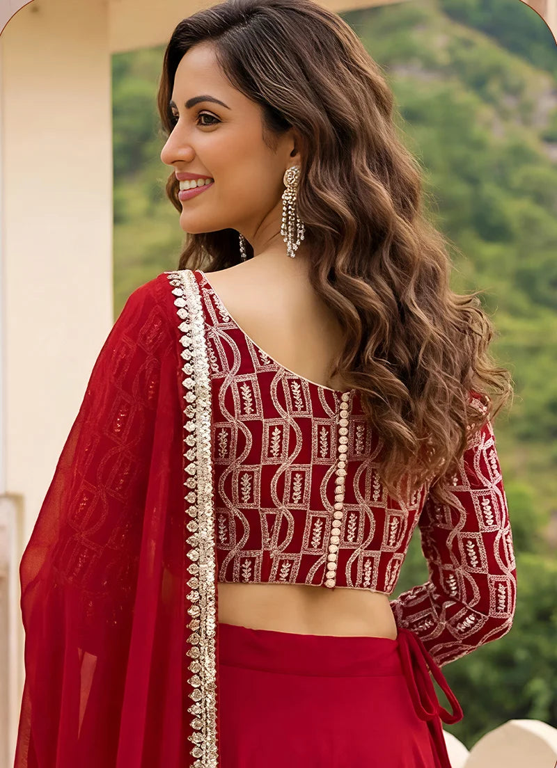 Red Georgette Embroidered Lehenga Choli, back