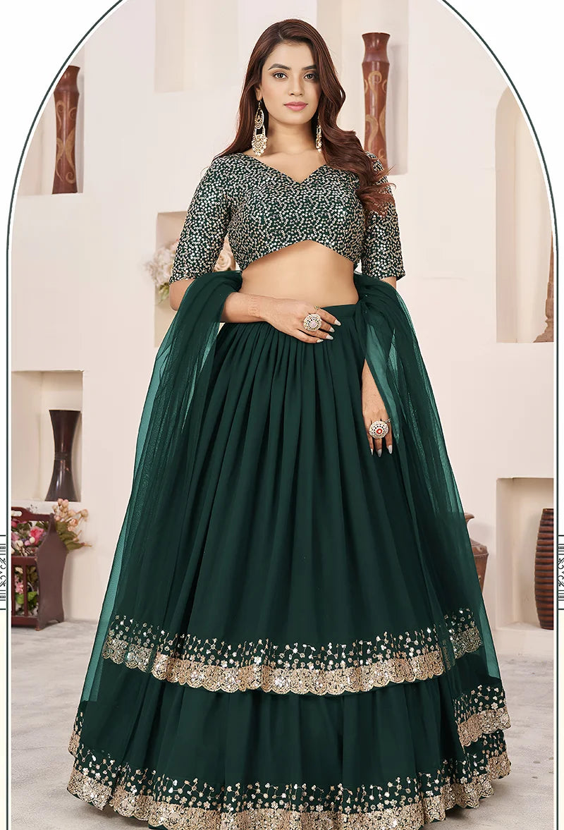 Dark Green Georgette Sequin Lehenga Choli, front