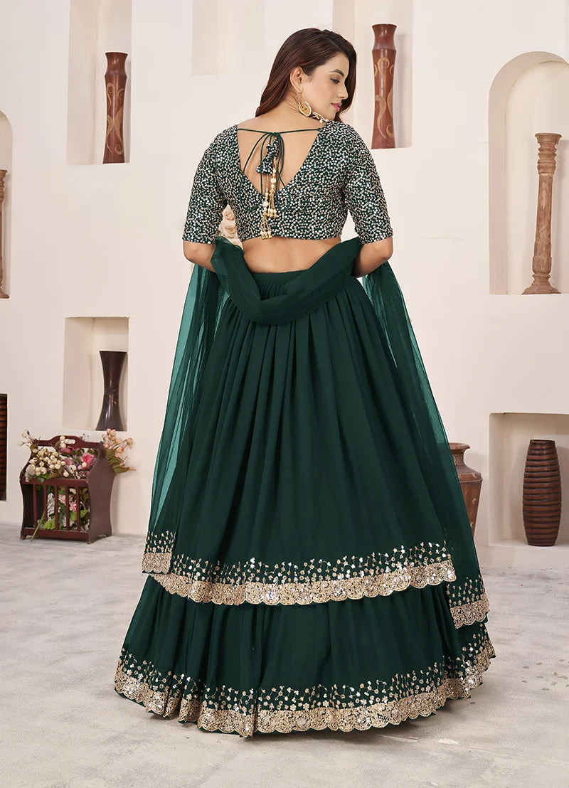 Dark Green Georgette Sequin Lehenga Choli, back