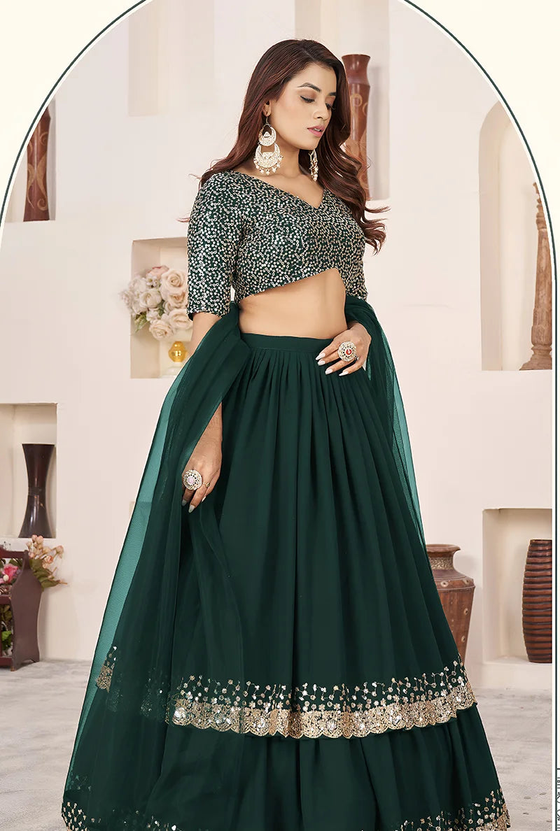 Dark Green Georgette Sequin Lehenga Choli, side