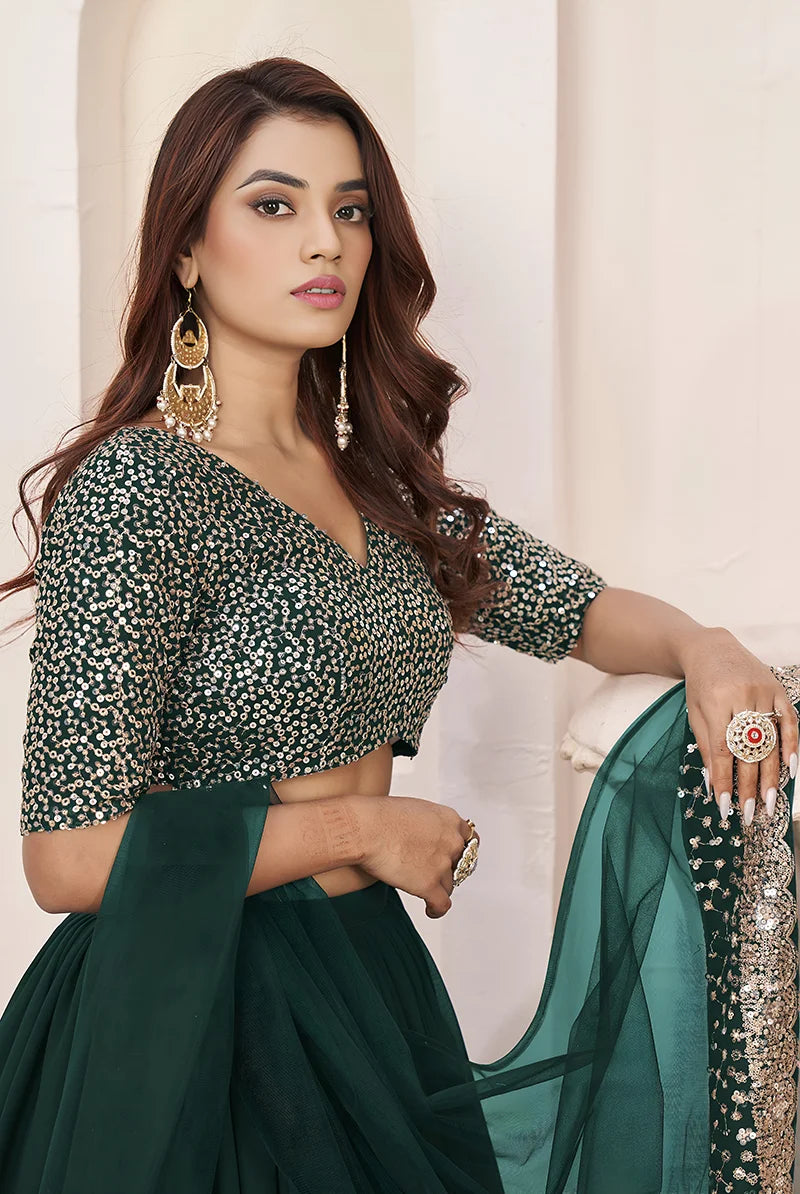 Dark Green Georgette Sequin Lehenga Choli, choli close-up