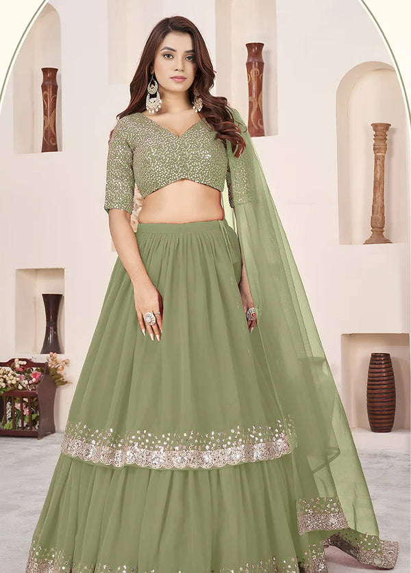 Olive Green Georgette Sequin Lehenga Choli, front