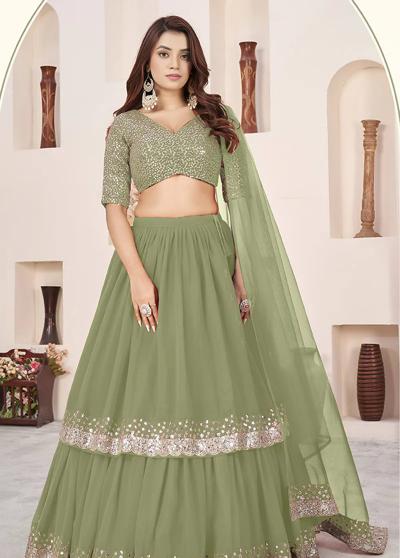 Olive Green Georgette Sequin Lehenga Choli, front