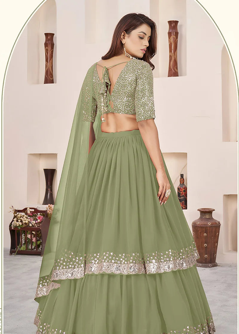 Olive Green Georgette Sequin Lehenga Choli, back