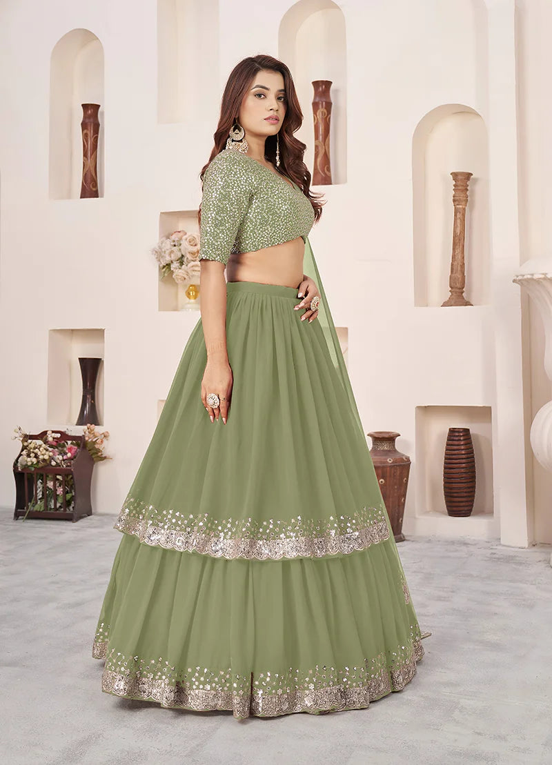 Olive Green Georgette Sequin Lehenga Choli, side