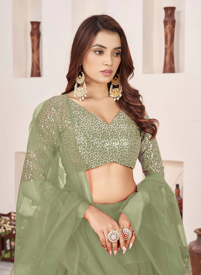Olive Green Georgette Sequin Lehenga Choli, choli close-up