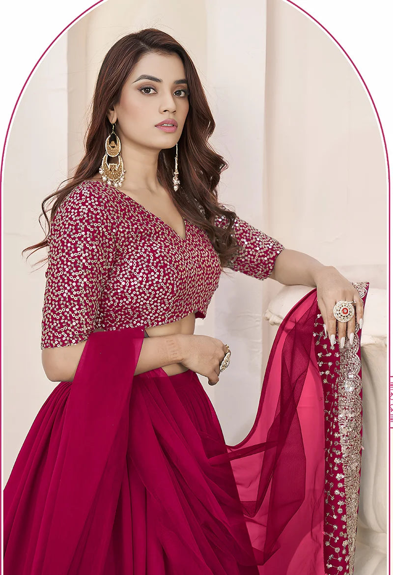 Rani Pink Georgette Sequin Lehenga Choli, choli close-up