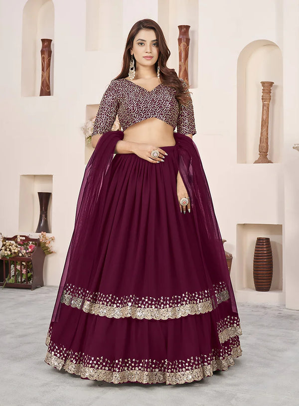 Wine Georgette Sequin Lehenga Choli, front