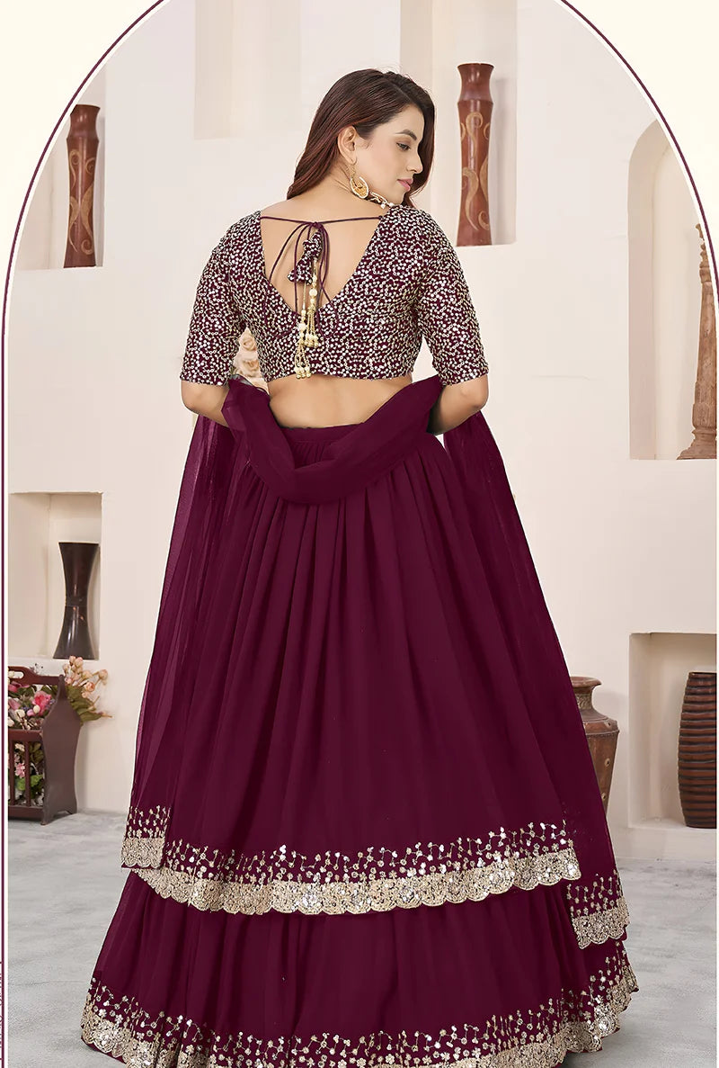 Wine Georgette Sequin Lehenga Choli, back