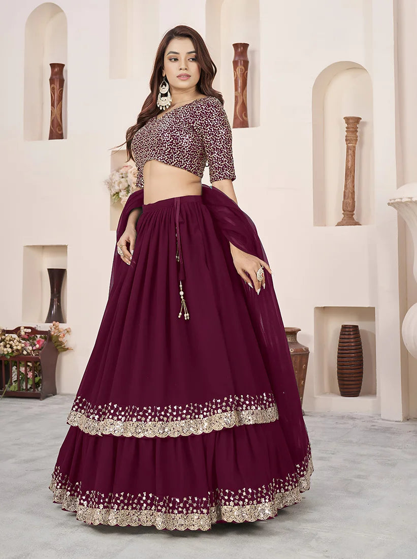 Wine Georgette Sequin Lehenga Choli, side