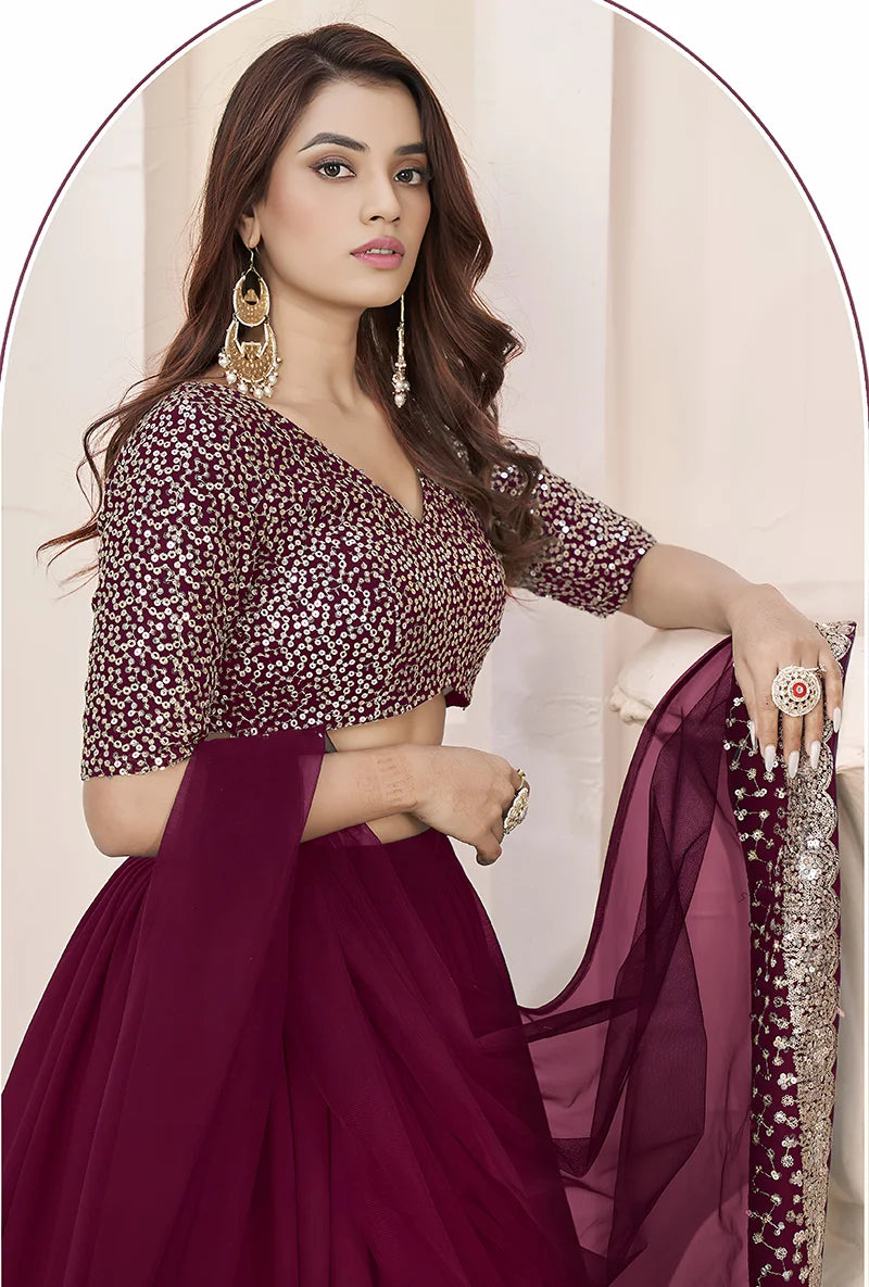 Wine Georgette Sequin Lehenga Choli, choli close-up