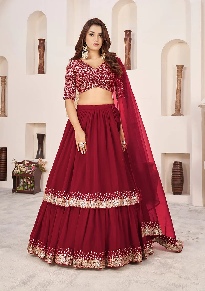 Red Georgette Sequin Lehenga Choli, front