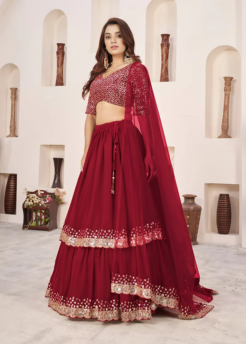 Red Georgette Sequin Lehenga Choli, side