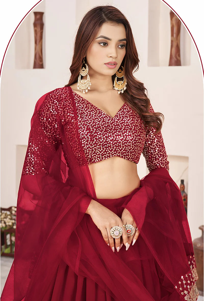 Red Georgette Sequin Lehenga Choli, choli close-up