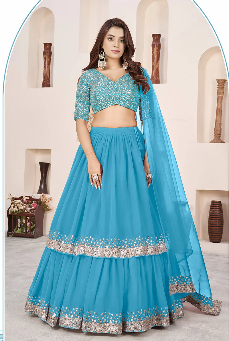 Sky Blue Georgette Sequin Lehenga Choli, front