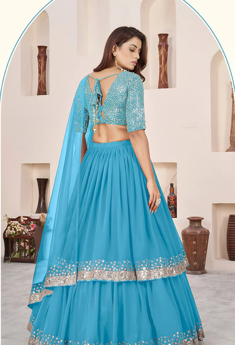 Sky Blue Georgette Sequin Lehenga Choli, back
