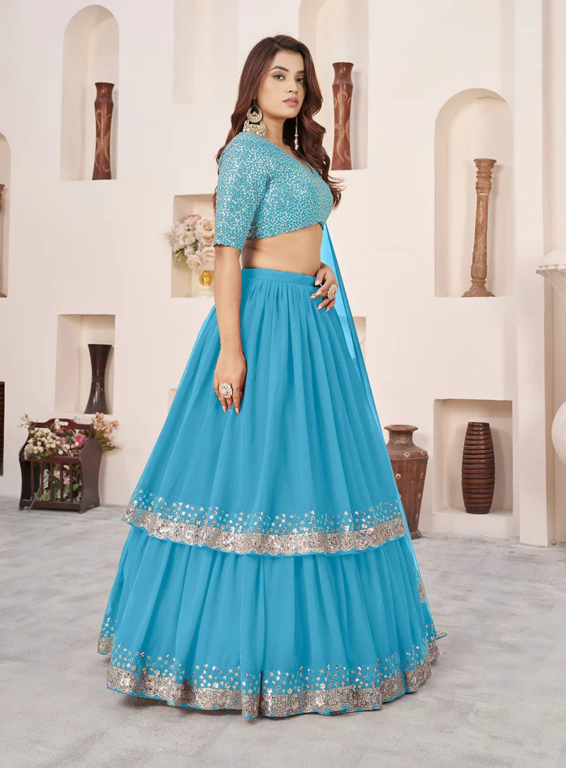 Sky Blue Georgette Sequin Lehenga Choli, side