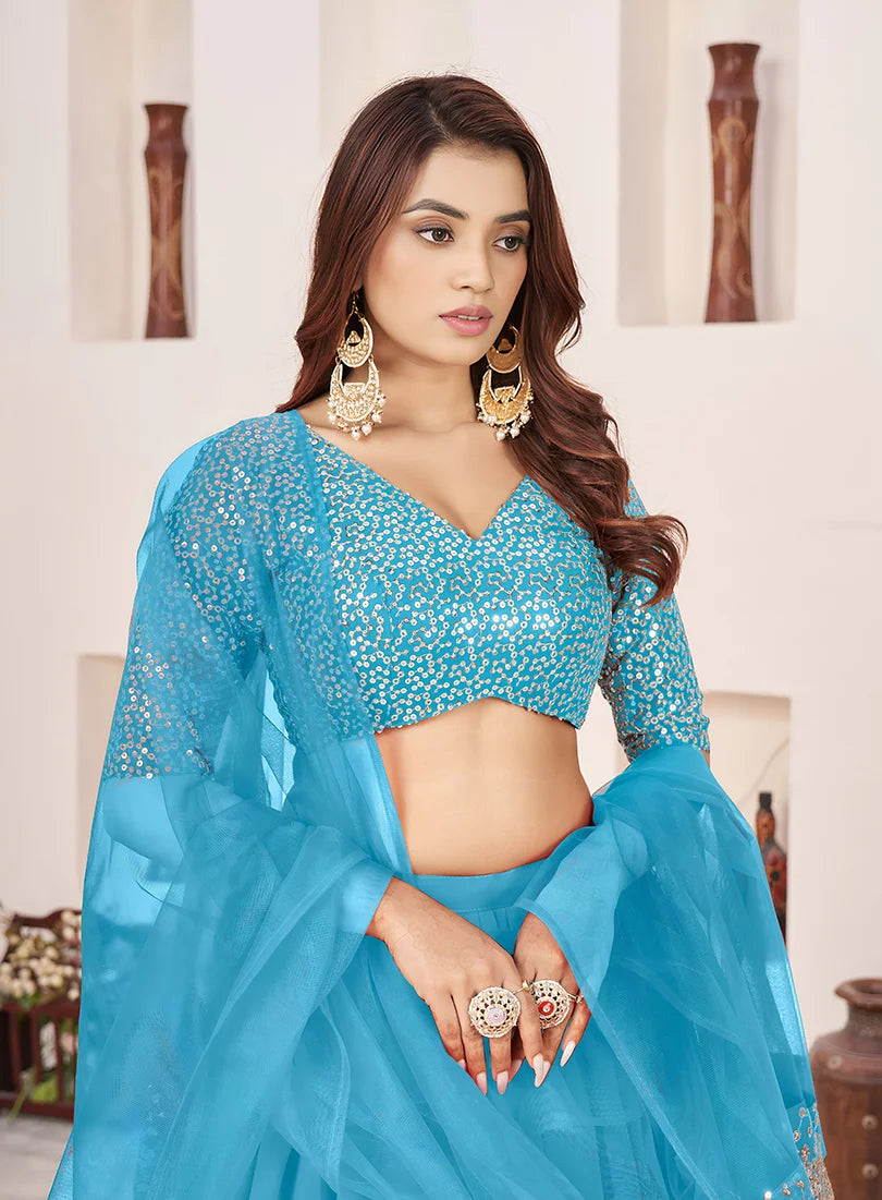 Sky Blue Georgette Sequin Lehenga Choli, choli close-up