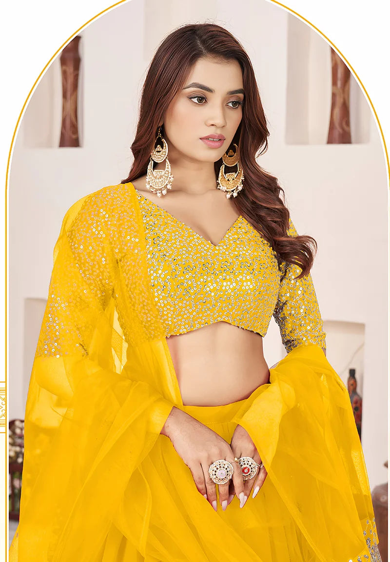 Mustard Georgette Sequin Lehenga Choli, choli close-up
